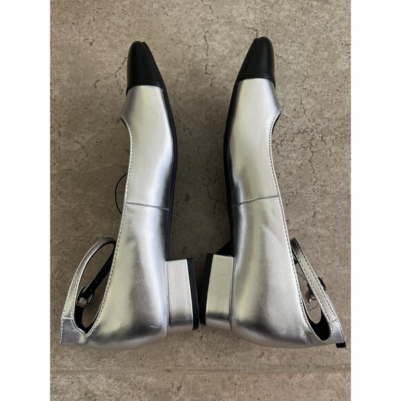 Guess Silver Black Ankle Buckle Cap Toe Small Block Heel Size 8 M City Event - Picture 6 of 10